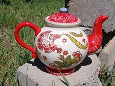 Dutch Wax Hand Painted Ceramic Floral Tea Pot Red Flowers French Country picture