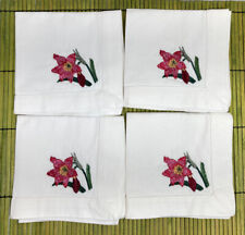 VTG Cloth Cocktail Napkins Pink Red Lilly Embroidered White Twill Lot of 4 10x10 picture