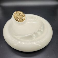 1969 Handmade Glazed Ceramic Large Round White Gold Navy Ashtray Mid Century  picture