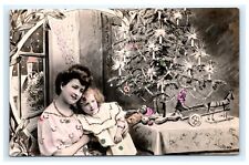 Christmas RPPC Hand Tinted Colored Mother Daughter Tree Toys Postcard G3 picture