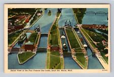 Sault Ste Marie MI-Michigan, Aerial Four Famous Soo Locks, Vintage Postcard picture
