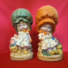 Vintage Big Green & Orange Bonnet Hat Girls Ceramic Figurine Set of 2 picture