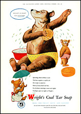 1950 Brown Bears with bathing Wright's Coal Tar Soap UK retro art print ad XL9 picture