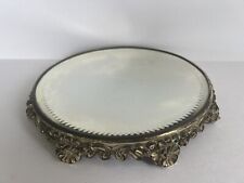 Antique Vtg Ornate 10” Round Footed Beveled Design Mirror Dresser Vanity Tray picture