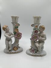 Pair Of Vintage 1960s Porcelain Cherub Floral Candle Holder Marked G 450  6” picture