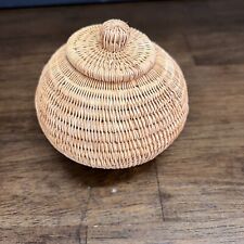 Vintage Handmade Palm Tiny Miniature Basket Off-White Trinket Box picture