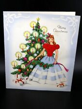 Vintage 1942 Christmas Tree Decorating Woman Cloth Red Polka Dot Dress Top Card picture