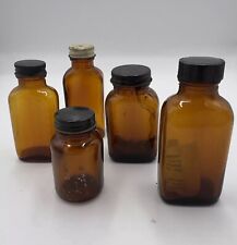 Lot of 5 Early Amber Apothecary Medicine Bottles with lids Early 1900's picture
