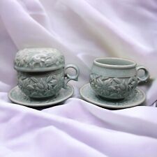 Vtg Celadon Green Porcelain Tea Cups with Saucers Lid and Infuser 6 Piece Set  picture