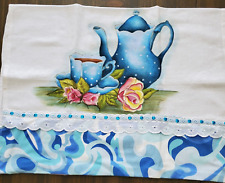 Vintage Tea Towel Blue White Teapot Cup Print Lace Fabric Ribbon Kitch 20.5x31