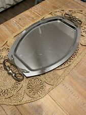 Vintage Kromex Chrome Oval Tray Gold Ornamental Handles 16” picture