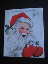 1958 vintage greeting card Art Guild CHRISTMAS To Sister Santa w/ Kitten glitter picture