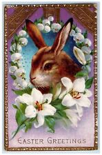 c1910's Easter Greetings Rabbit Lilies Flowers Gel Gold Gilt Embossed Postcard picture