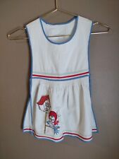 Vintage Toddler Apron  Embroidered Bird House Bird Pullover & Tie Blue Red White picture