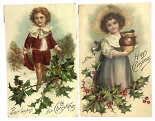 Christmas Postcard Nash Girl Holds Milk Pitcher Boy Red Suit White Bow Lot 2 picture