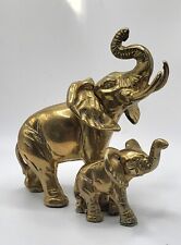 Vintage Solid Brass Elephants Mother and Baby Figurine Heavy Animal Trunk Up picture