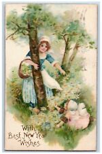 1909 New Year Wishes Girls Picking Daisy Flowers Winsch Back Boston MA Postcard picture