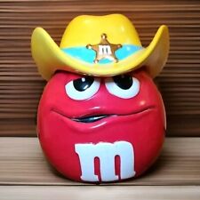 Vintage Red M&M Sheriff Cookie Candy Jar with Yellow Cowboy Hat Lid ￼glass picture