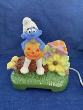 Vintage 1982 Smurf Halloween Ceramic Figurine Mushroom Pumpkin Flowers WORKS 🎃 picture