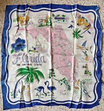 Vintage 1950s FLORIDA Souvenir State Blue & Pink  Rayon Square Scarf picture