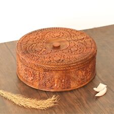 Engraved Wooden Round Storage Box - Large Capacity Indian Spice Masala Dabba picture