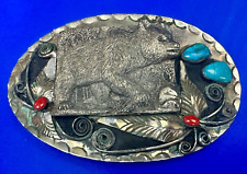 Grizzly BEAR Native American Indian art turquoise & faux coral LARGE belt buckle picture