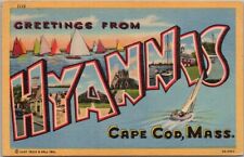 HYANNIS Cape Cod Mass. Large Letter Postcard Sailing Scene / Linen - 1953 Cancel picture
