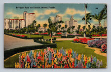 Bayfront Park and Hotels Flowers Palms Miami Florida Linen Postcard picture