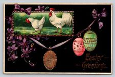 Easter Eggs Cross Christian Medallion on Purple Ribbon Flowers Roosters 1910 PC picture