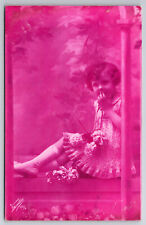 Vintage C1920 Postcard Magenta Shade Cyanotype Lovely Young French Girl picture