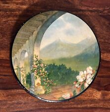 Vintage Tindeco Round Tin with Landscape and Flowers picture