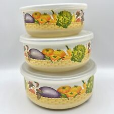 3 Vintage Enamelware Nesting Bowls Vegetable Design With Lids Stovetop To Fridge picture