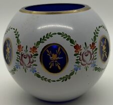 Lausitzer Glas Ball Vase, Hand painted, White, Floral Over Cobalt Blue Glass, 4” picture