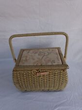 Vintage Small Sewing Box with Handle & Tapestry Lid Woven w/Tray Cottage Core picture