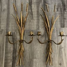 MCM. Salvador (?) Gilt Metal Wheat Scheaf Candle Holder Wall Sconces Pair picture