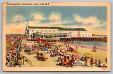 Postcard Municipal Pier Beach Cape May New Jersey Shoreline Linen Oceanfront WOB picture