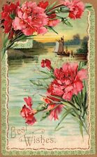 Vintage Postcard Best Wishes Greetings Card Red Flowers Sunset Boat on River picture