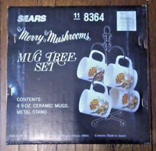 Rare NOS Merry Mushroom Mug Tree Set New in Box by Sears, 4 Cups 8364 Pyrex MCM picture