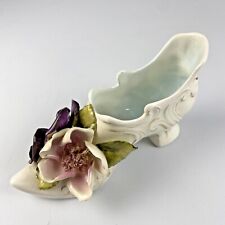 Vtg Vee Jackson Ceramic Shoe w/ Applied Flowers Gold Trim 6