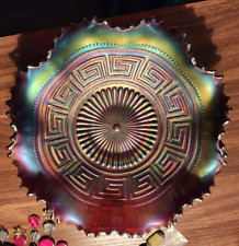 Northwood Carnival Glass Bowl Pumpkin GREEK KEY Pattern w Stunning Vivid Color picture