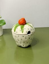 Hand Painted Strawberry Sugar Bowl With Lid Ceramic Spoon Opening picture