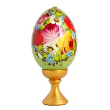 Green Zhostovo Wood Easter Egg on a Stand, Painted by Hand 4.7 inch picture
