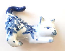 Ceramic Home Decoration Cat Kitten White Cobalt Blue Floral Playful picture