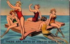 VTG COMIC LINEN PC PRETTY GIRLS ON SWIM PLATFORM RAFT IN OCEAN, BATHING LADIES picture