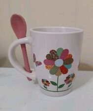 Trisa Patchwork Flowers Cup Mug with pink spoon that attaches through handle NEW picture
