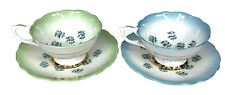 Vintage Teacup & Saucer Set of 2 Guaranteed English Bone China Green Blue Floral picture