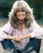 Farrah Fawcett beautiful 1970's seated outdoors blue jeans 24x36 inch Poster picture