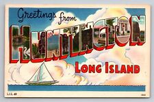 Greetings From Huntington Long Island NY Large Letter Vintage Linen Postcard picture