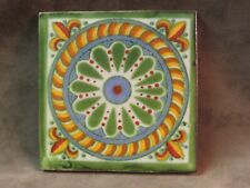Vintage Hand Decorated Tile Talavera Mexico Art Pottery Square Shape Green Blue picture