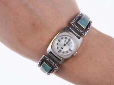 Vintage Ladies Sterling/Turquoise Native American watch bracelet with Bulova Acc picture